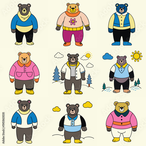 Cartoon vector set of brown grizzly bear, isolated on background. Flat design collection