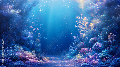 Wallpaper Mural Submerged in Serenity: A mesmerizing underwater scene unfolds, bathed in ethereal sunlight, revealing a vibrant coral reef teeming with life. The path ahead beckons. Torontodigital.ca