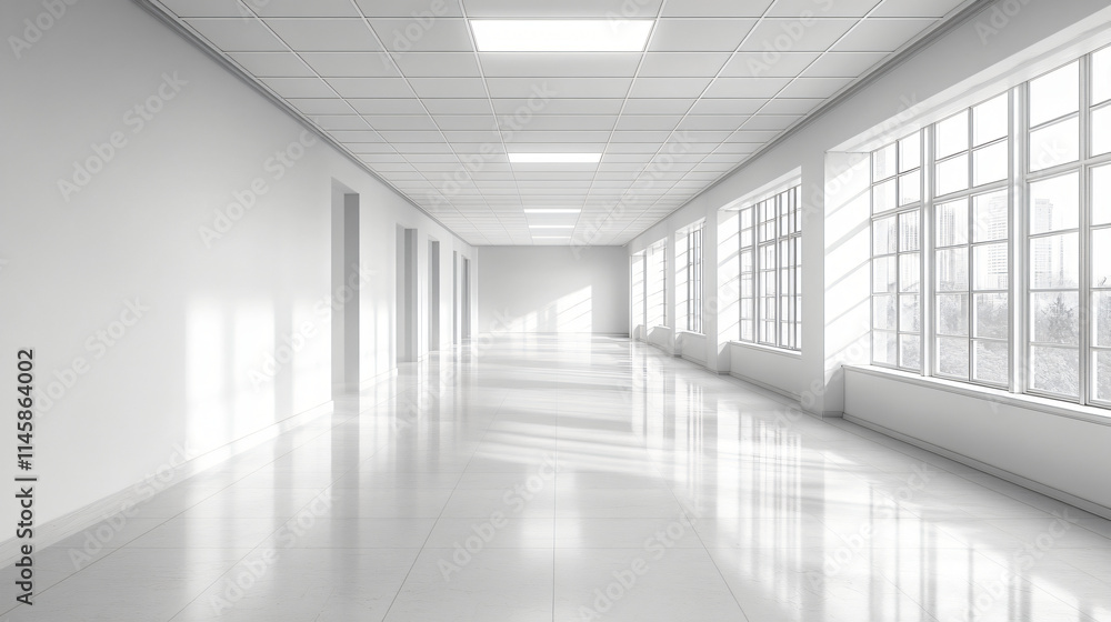 Bright office interior with large windows and polished floors Bright office interior with large windows and polished floors