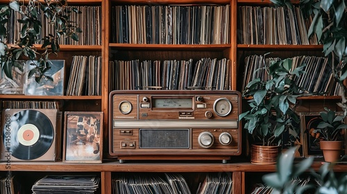 Vintage stereo receiver on wooden shelf with vinyl records and plants.