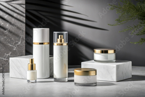 Wallpaper Mural Minimalist cosmetic bottle collection showcasing elegant design and sophisticated aesthetics Torontodigital.ca