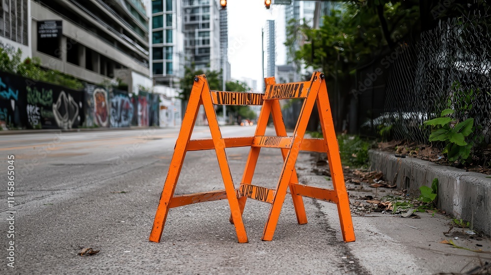 Wooden construction barriers with orange safety stripes, evoking an under-construction or restricted area theme imagine minimalist vector art Wooden construction barriers with orange safety stripes, evoking an under-construction or restricted area theme imagine minimalist vector art