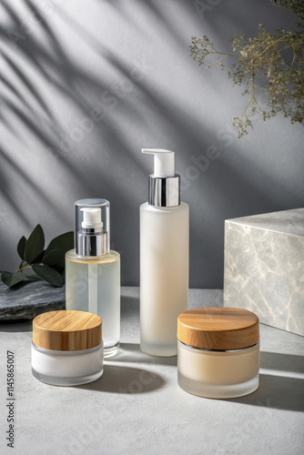 Minimalist cosmetic bottle collection in isolated studio setting with natural elements photo