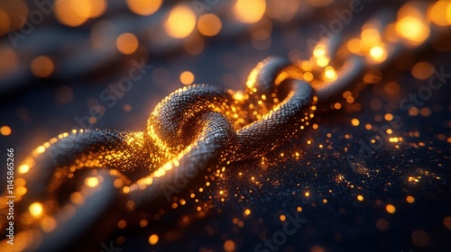 A Shimmering Chain Link in a Dark Background Surrounded by Glowing Particles, Capturing the Essence of Strength and Connectivity in a Captivating Visual Display