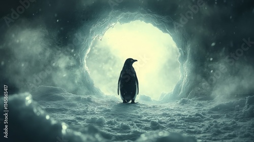 A solitary penguin stands in a snowy cave, illuminated by a soft, ethereal light, surrounded by swirling snowflakes in a winter wonderland scene of solitude and beauty.
