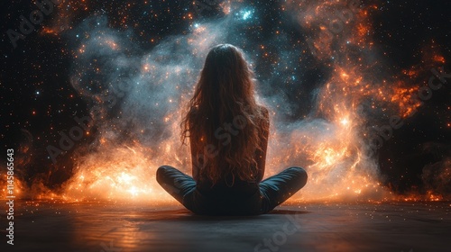A Young Woman Stares Into the Vastness of Space, Surrounded by Cosmic Wonders and Starry Elements, Evoking Feelings of Wonder and Exploration in a Stunning Galaxy Scene