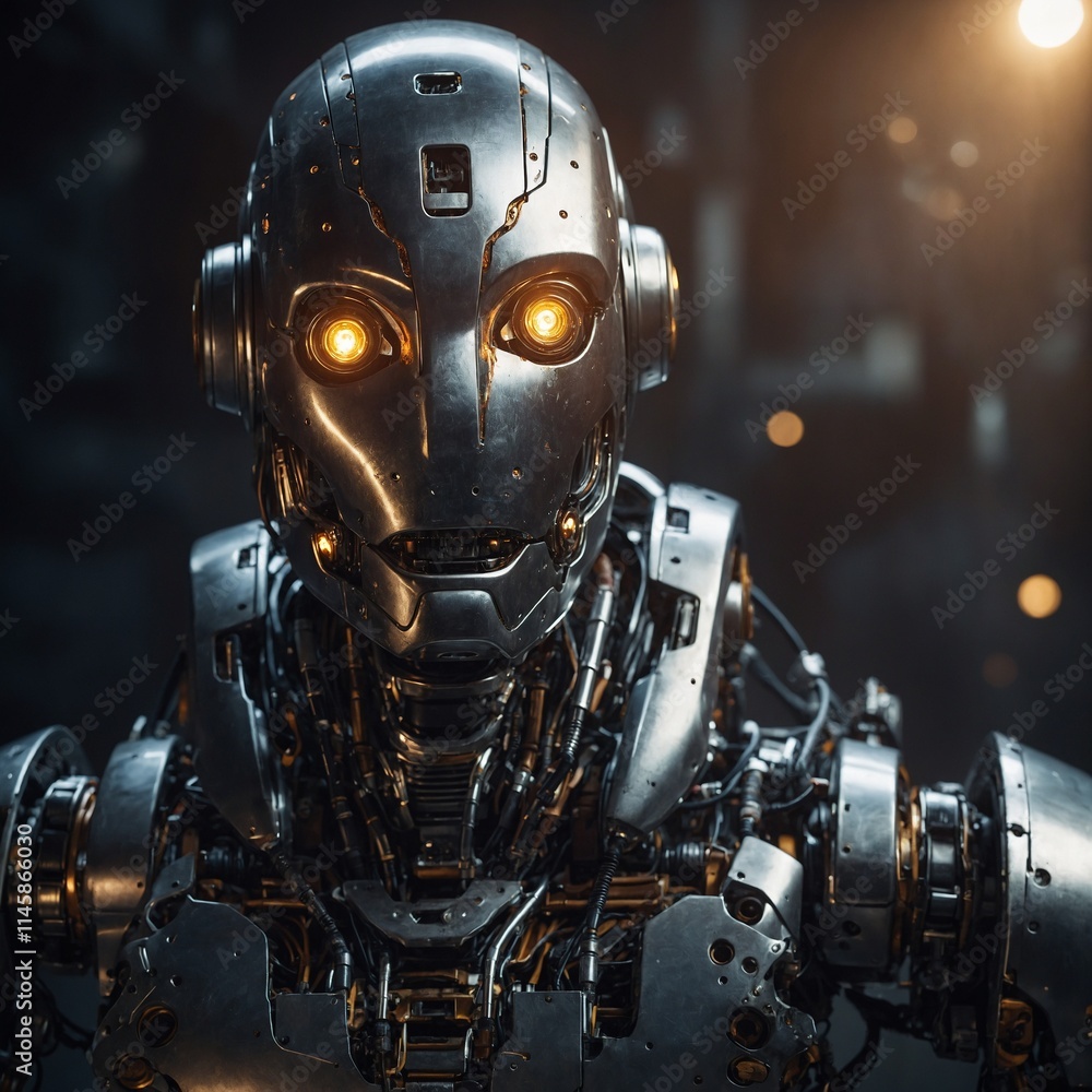 Fototapeta premium A robot with a soft, brushed metal finish and glowing highlights.