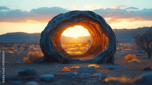 Ancient Hollow Log Framing a Vibrant Sunset Over Arid Landscape, Illuminating the Natural Beauty of Desert Terrain at Golden Hour