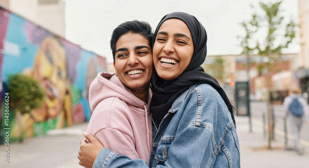 Fototapeta premium Joyful friendship between young south asian women in urban graffiti alley