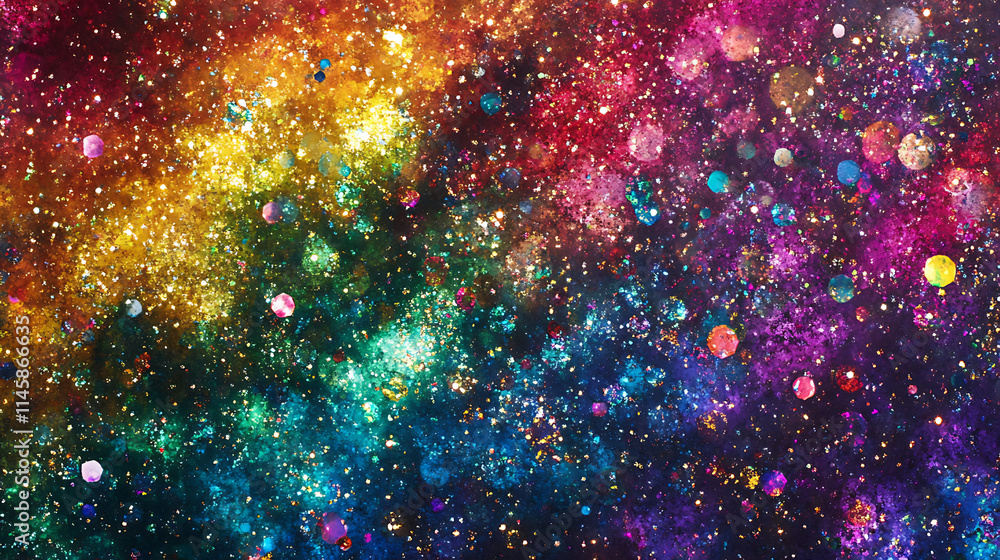 Cosmic Sparkle: A vibrant, abstract image resembling a nebula, bursting with rainbow colors, glitter, and iridescent sequins. Perfect for backgrounds, textures, or designs needing a touch of magic. Cosmic Sparkle: A vibrant, abstract image resembling a nebula, bursting with rainbow colors, glitter, and iridescent sequins. Perfect for backgrounds, textures, or designs needing a touch of magic.