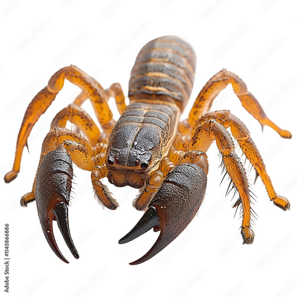 Angled view full body shot of an extremely perfect looking single Bark Scorpion animal isolated on a white transparent background Angled view full body shot of an extremely perfect looking single Bark Scorpion animal isolated on a white transparent background