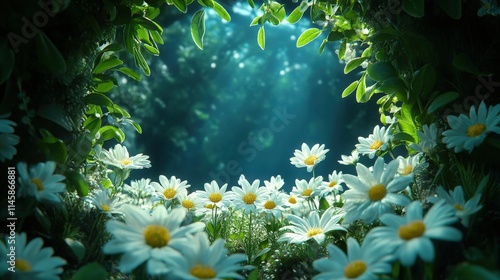 Bright and Luminous Daisy Field Surrounded by Lush Greenery with Soft, Ethereal Light Filtering Through Leaves in a Serene Nature Setting