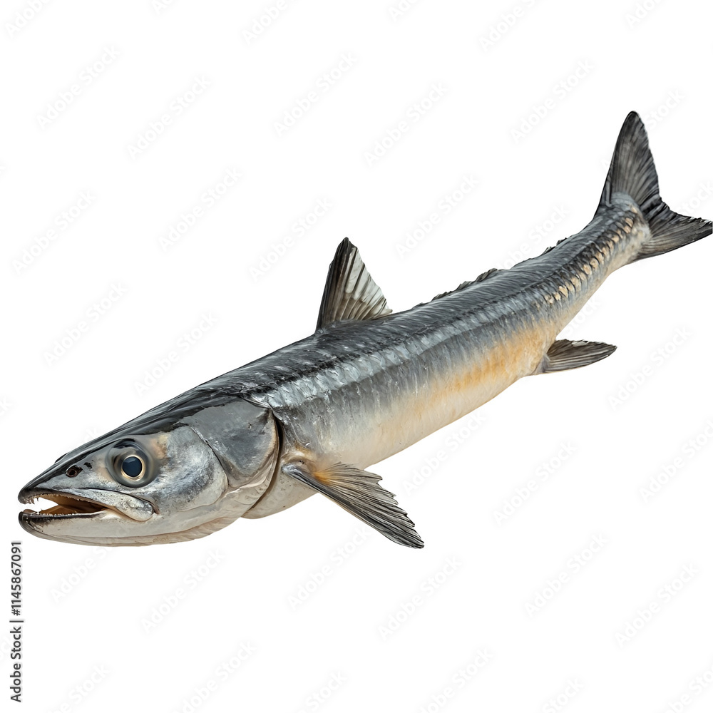 Obraz premium Angled view full body shot of an extremely perfect looking single Barracuda animal isolated on a white transparent background