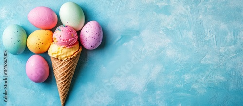 Ice cream cone topped with colorful scoops surrounded by pastel Easter eggs on a blue background with space for promotional text photo