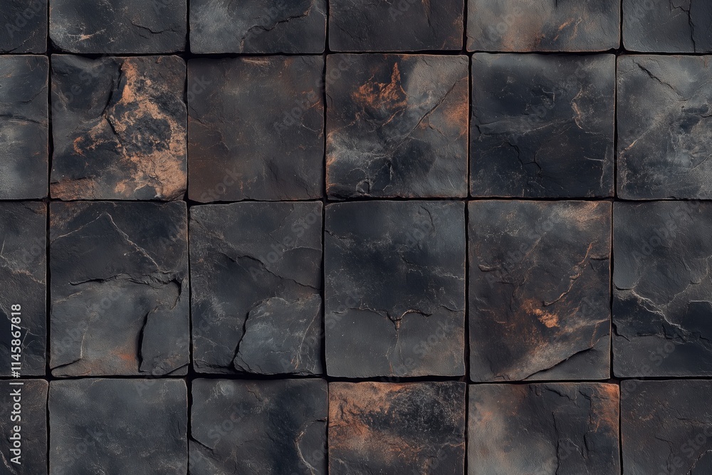 A close-up view of a textured stone tile surface featuring dark, weathered stones with subtle variations in color and pattern, arranged in a grid layout. A close-up view of a textured stone tile surface featuring dark, weathered stones with subtle variations in color and pattern, arranged in a grid layout.