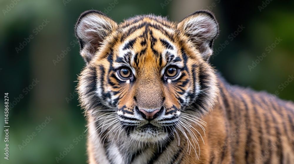 Close-up portrait of a Sumatran tiger cub looking directly at the camera. Close-up portrait of a Sumatran tiger cub looking directly at the camera.