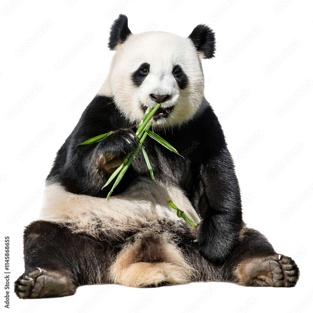 Naklejka premium panda bear chewing on bamboo, isolated on transparent background