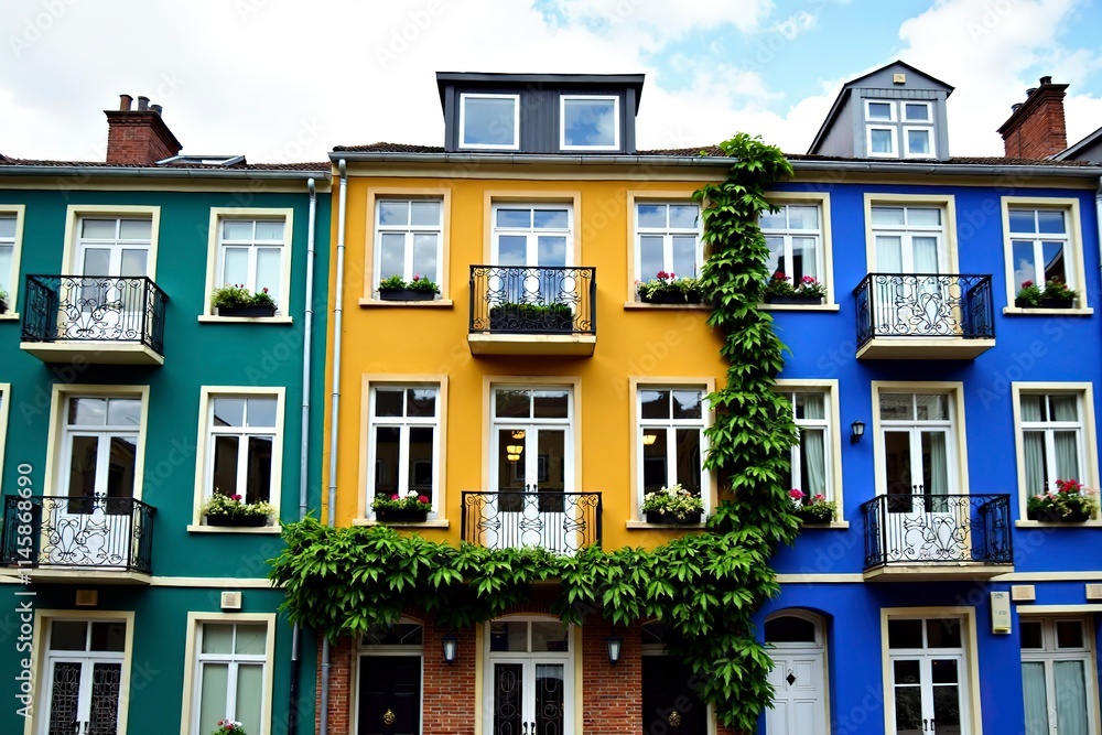 Naklejka premium Charming Street Scene with Colorful Buildings, Ornate Details, and Cobblestone Pathway