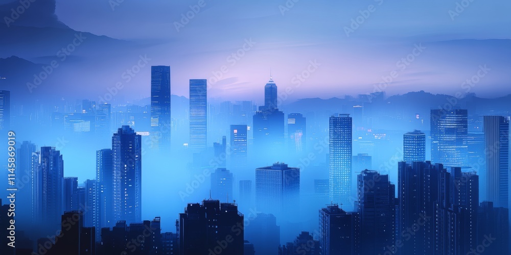Obraz premium Dense fog completely envelops a modern city skyline creating a captivating urban scene