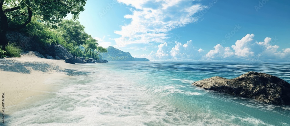 Fototapeta premium Tranquil tropical beach with clear water and lush greenery under a bright blue sky showcasing serene ocean landscape.