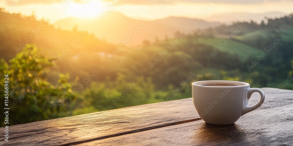 Coffee cup placed on a wooden table, showcasing a stunning view of beautiful nature in the background, creating a serene atmosphere around the coffee cup for relaxation and enjoyment. Coffee cup placed on a wooden table, showcasing a stunning view of beautiful nature in the background, creating a serene atmosphere around the coffee cup for relaxation and enjoyment.