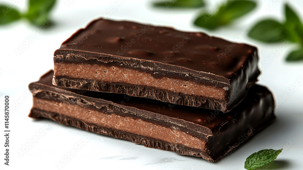 Two pieces of dark chocolate with creamy filling, mint leaves. Two pieces of dark chocolate with creamy filling, mint leaves.