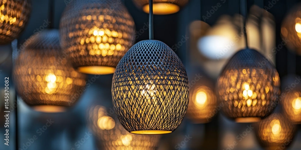 Obraz premium Close up view highlighting intricate details of a modern pendant lamp, with a blurred arrangement of additional pendant lamps in the background for a conceptual touch.