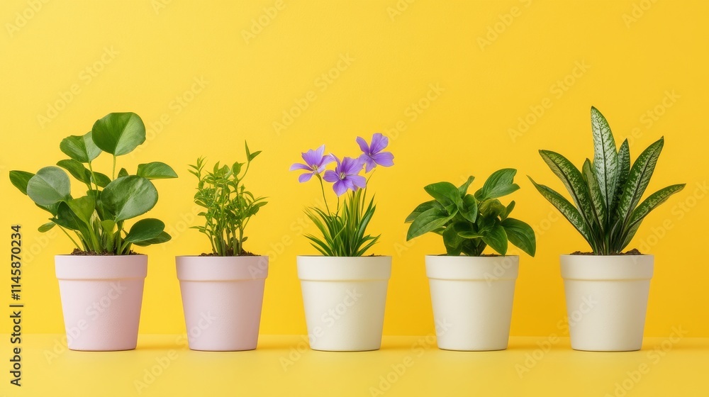 Obraz premium A vibrant display of potted plants against a bright yellow background, banner.