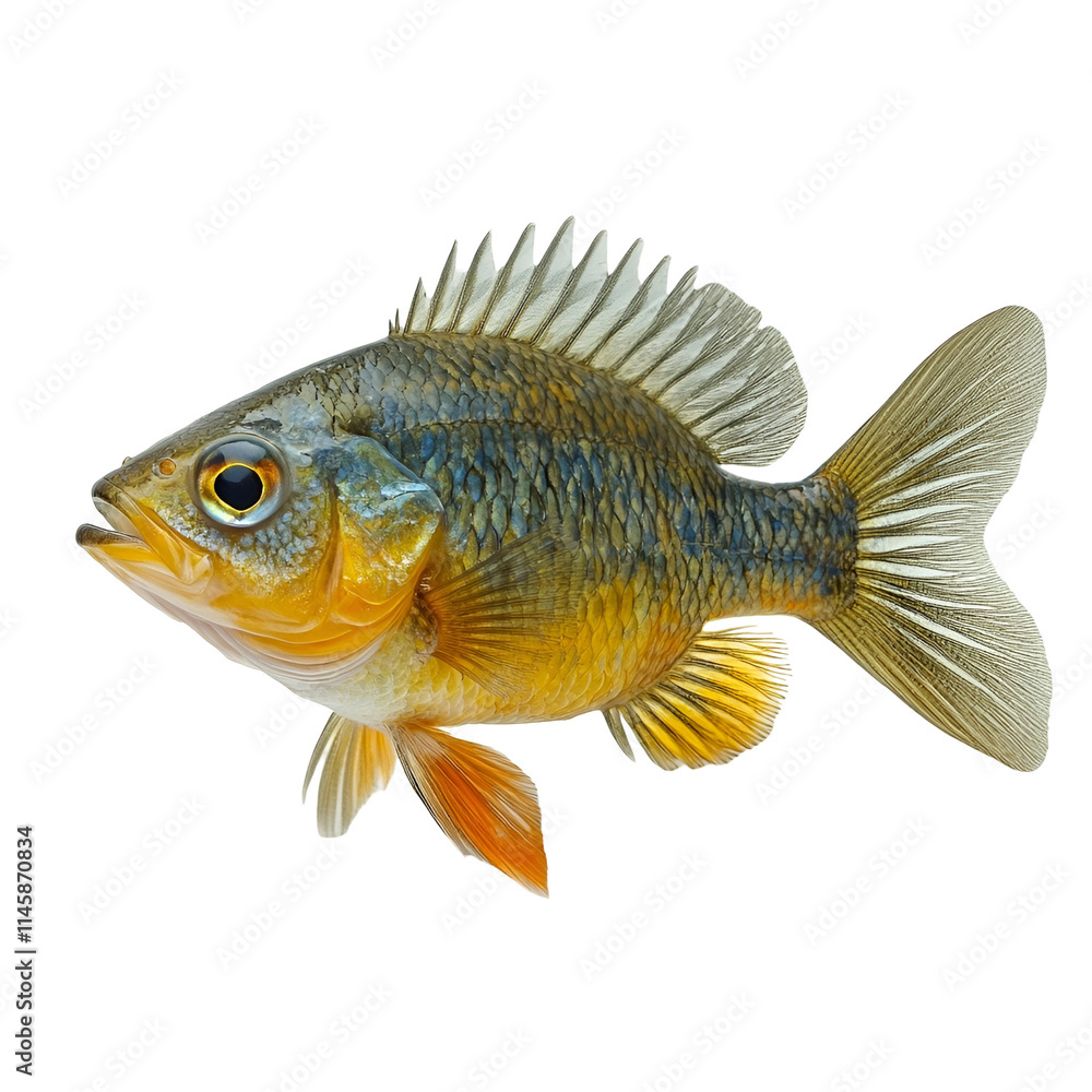 Fototapeta premium Angled view full body shot of an extremely perfect looking single Bluegill Sunfish animal isolated on a white transparent background