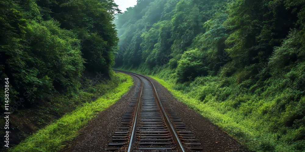 Obraz premium Train tracks meander through a lush landscape, where train tracks are embraced by the vibrant greenery of surrounding trees, creating a picturesque scene that highlights the beauty of nature.