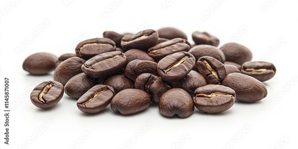 Isolated coffee beans displayed on a white background, showcasing the rich texture and color of coffee beans in a clean and simple presentation of coffee beans. Isolated coffee beans displayed on a white background, showcasing the rich texture and color of coffee beans in a clean and simple presentation of coffee beans.