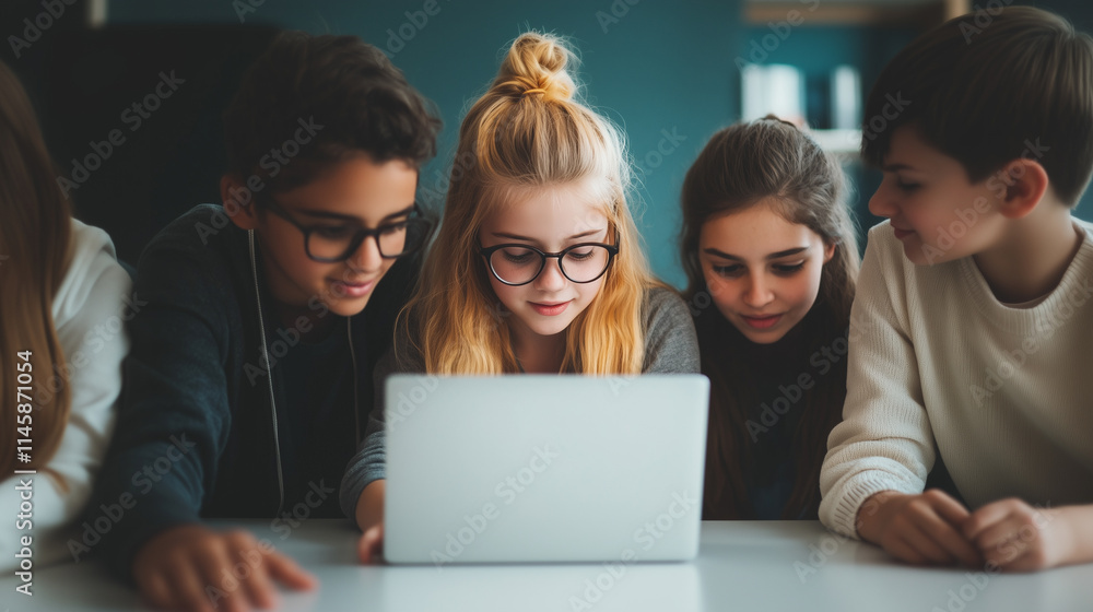 Fototapeta premium Engaged children collaborating on laptop, showcasing teamwork and learning. Their expressions reflect curiosity and excitement in modern classroom setting.
