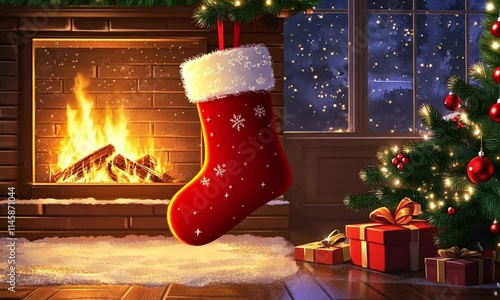 Christmas stocking hangs by a fireplace with presents and a decorated tree. photo