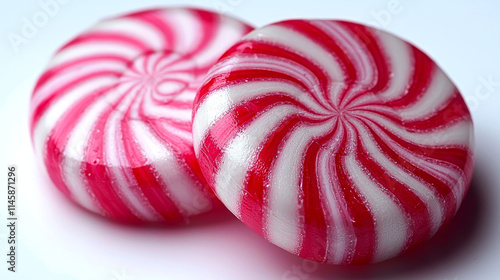 Two red and white swirl hard candies. photo