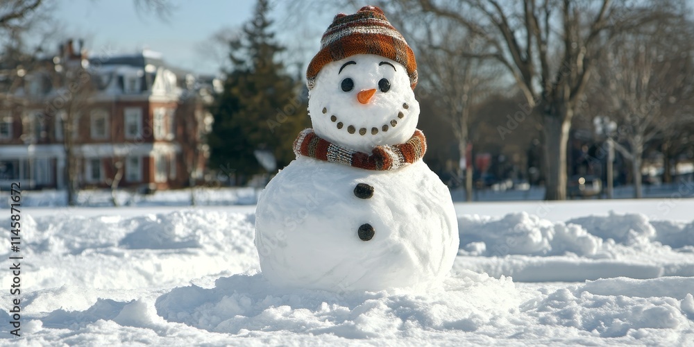 Fototapeta premium Mini snowman, a delightful anthropomorphic snow sculpture resembling a man, showcases creativity and playfulness in winter artistry, highlighting the charm of mini snowman creations.