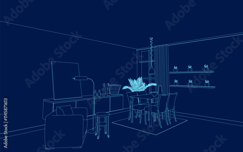 A set of furniture and decor contour to create a living room interior with a workplace.