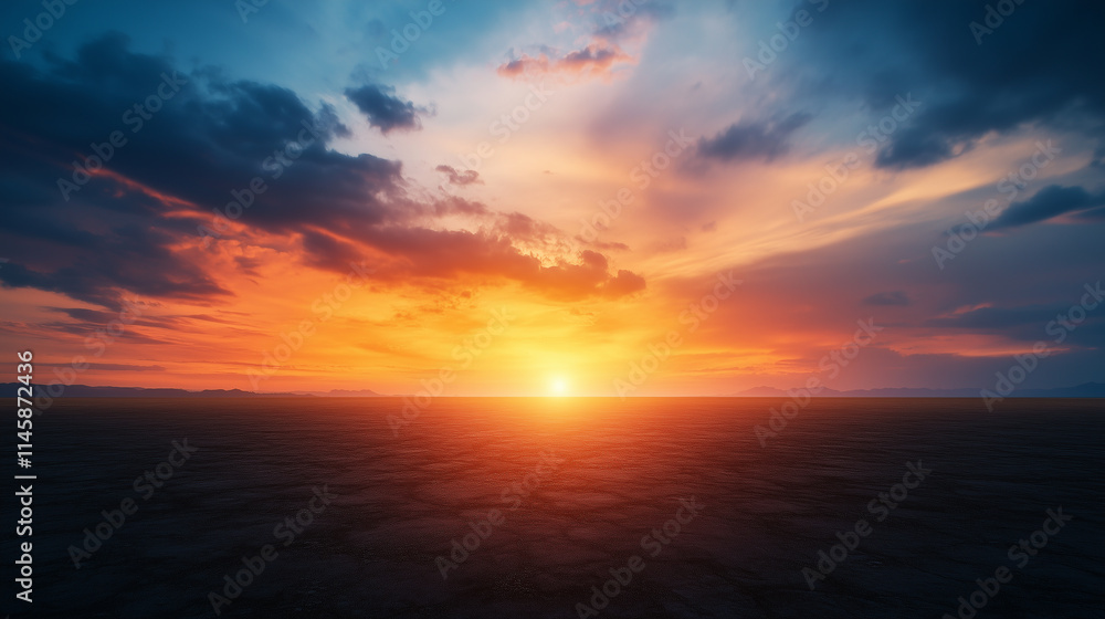 Fototapeta premium breathtaking sunset over vast landscape, showcasing vibrant colors and dramatic clouds. horizon glows as sun sets, creating serene atmosphere.