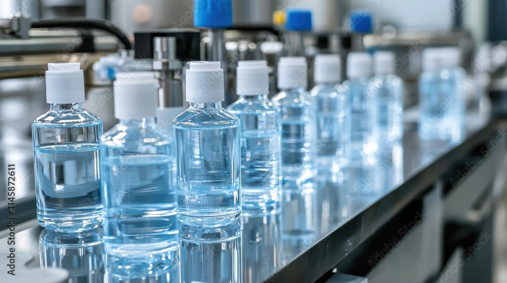 Water bottling process manufacturing facility product photography clean environment close-up view industrial efficiency Water bottling process manufacturing facility product photography clean environment close-up view industrial efficiency