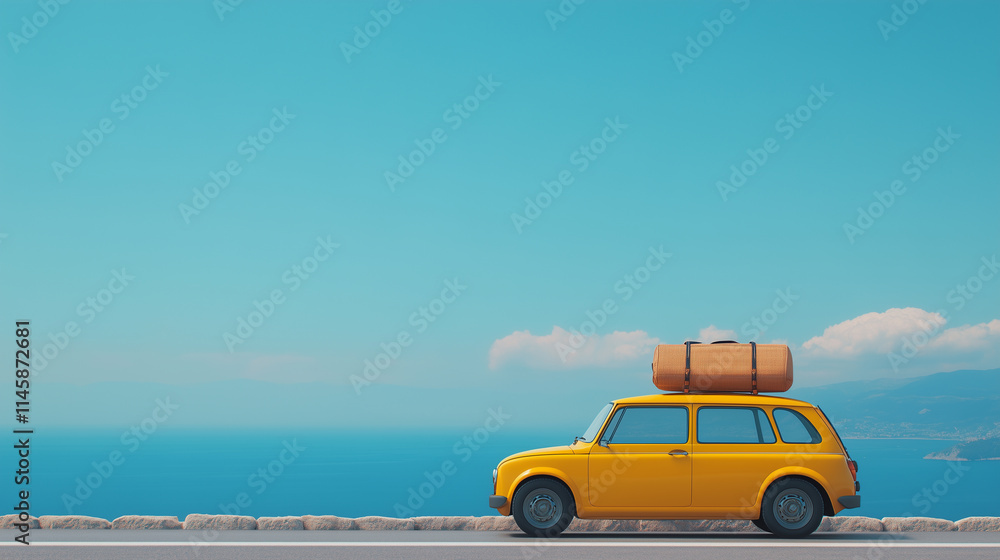 vibrant yellow car with suitcase on roof parked by seaside, under clear blue sky. This scene evokes sense of adventure and travel. vibrant yellow car with suitcase on roof parked by seaside, under clear blue sky. This scene evokes sense of adventure and travel.