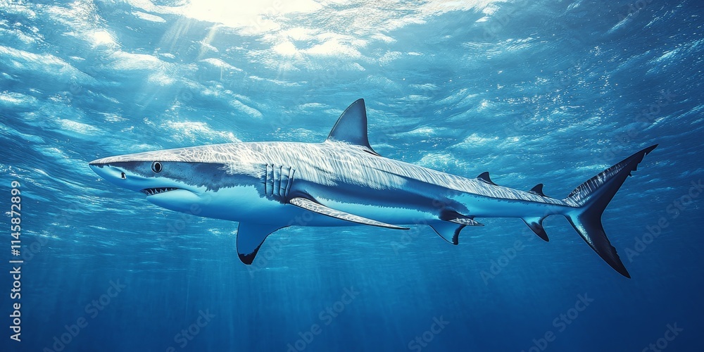 Fototapeta premium Majestic blue shark, scientifically known as Prionace glauca, glides gracefully through the ocean waters, showcasing the beauty and agility of this remarkable blue shark species.