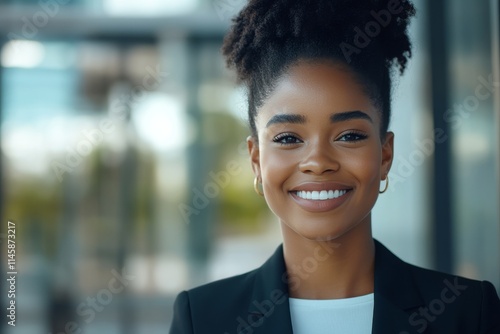 Professional woman smiling confidently in urban setting during daytime at business location