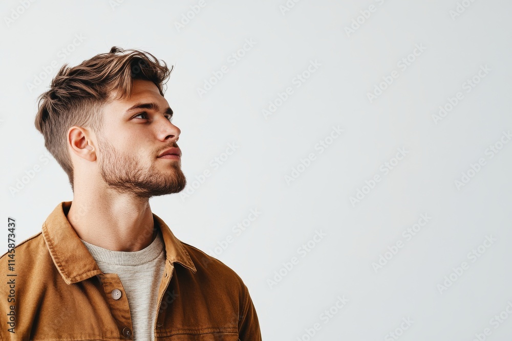 Young man with stylish haircut poses thoughtfully against a plain background in a casual outfit Young man with stylish haircut poses thoughtfully against a plain background in a casual outfit