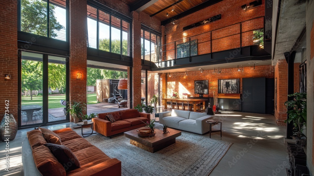 Stunning Industrial Loft Living Space with Brick Walls and Expansive Windows Stunning Industrial Loft Living Space with Brick Walls and Expansive Windows