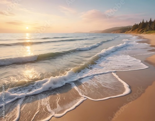 Serene Sunset Beachscape: Golden Hour Waves Gently Kissing Sandy Shores photo