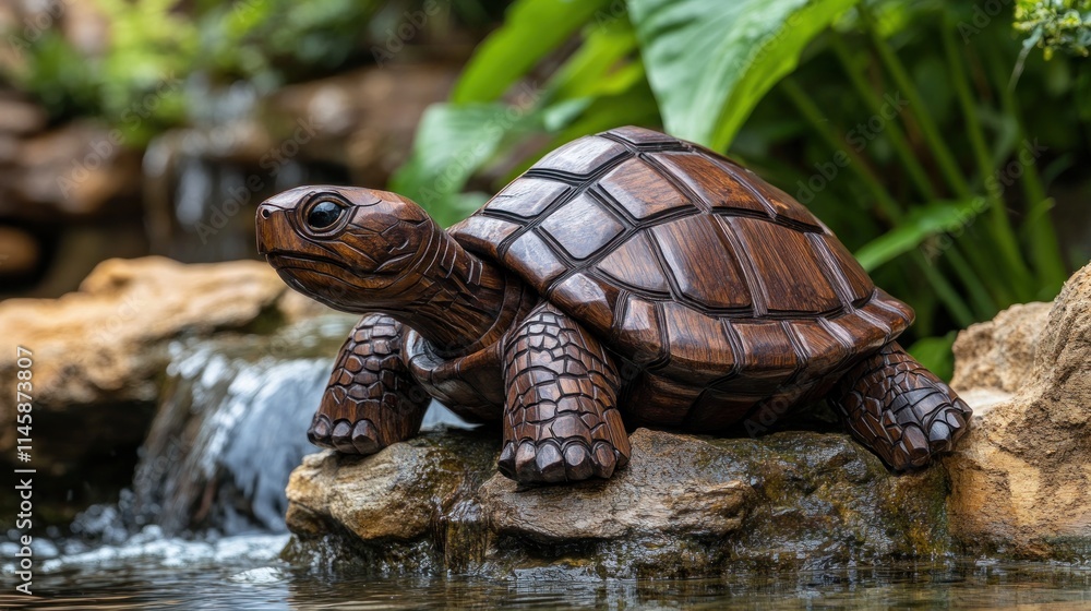 Hand-carved wooden turtle statue on rocks near water feature. Hand-carved wooden turtle statue on rocks near water feature.
