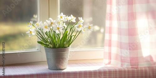 Paperwhites bloom beautifully in a metal pot placed on a pink gingham window seat, showcasing their charm as soft sunlight filters through the kitchen window, enhancing their delicate appearance. photo