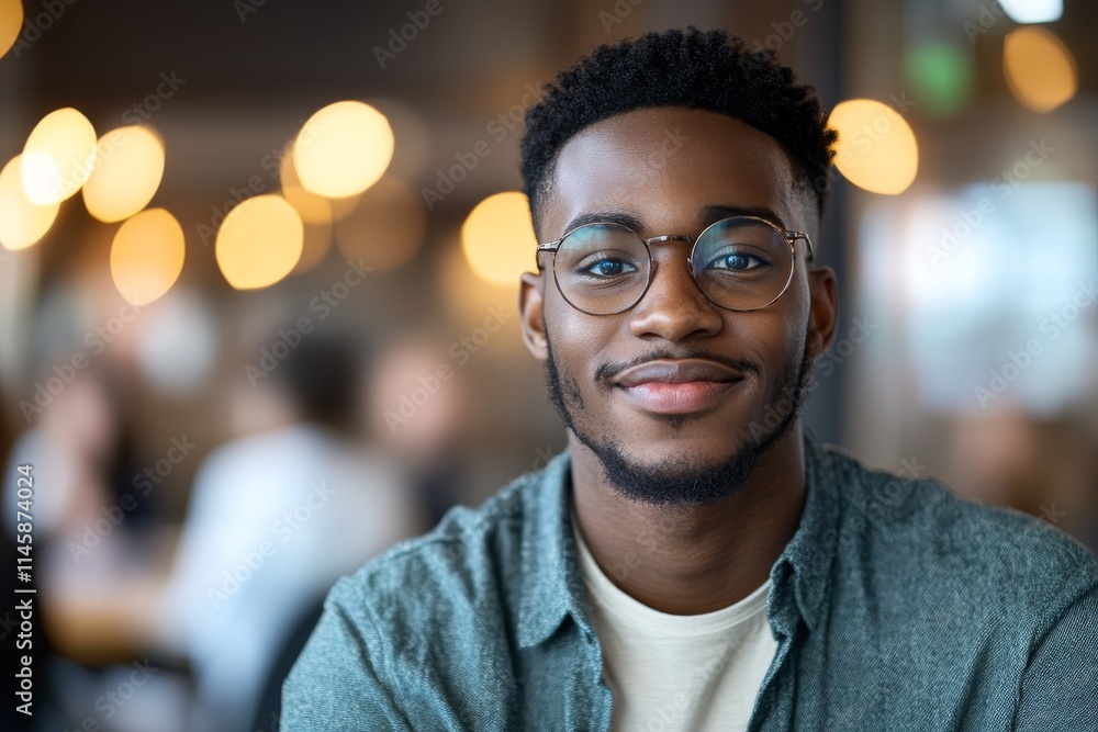 Young man smiling warmly while seated in a lively cafe during daytime, surrounded by a cozy ambiance Young man smiling warmly while seated in a lively cafe during daytime, surrounded by a cozy ambiance