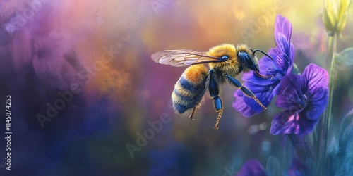 Experience the elegance of nature as a sweet bee gracefully hovers above a vibrant purple flower, capturing the beauty of the garden backdrop in a stunning display of nature s elegance. photo