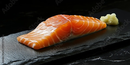 Fresh raw salmon fillet displayed on a sleek black cutting board, highlighting the vibrant colors and textures of the salmon fillet in a culinary setting. Perfect for food related themes. photo