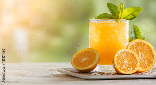 Orange juicy refreshment glass concept. Refreshing orange juice in a glass, garnished with mint leaves, accompanied by fresh orange halves on a wooden surface. photo